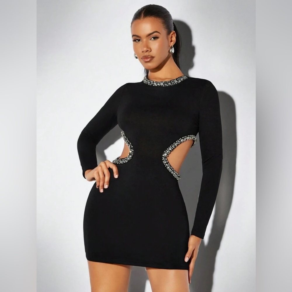 New Black Rhinestone Detail Cut Out Bodycon Dress Mini - Small